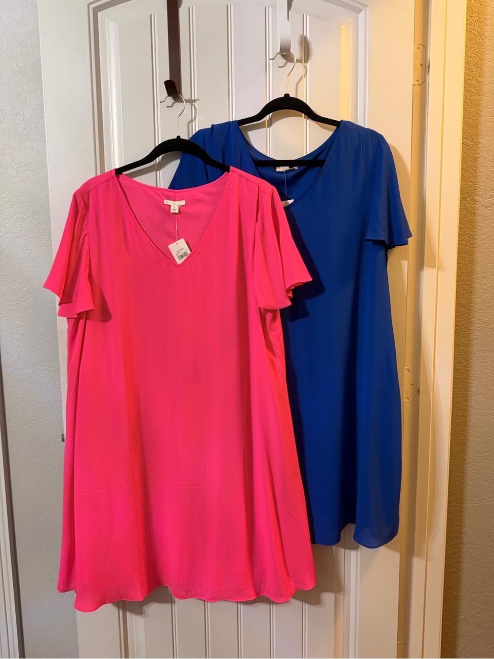 Women’s V-Neck Flutter Sleeve Dress - Pink and Blue